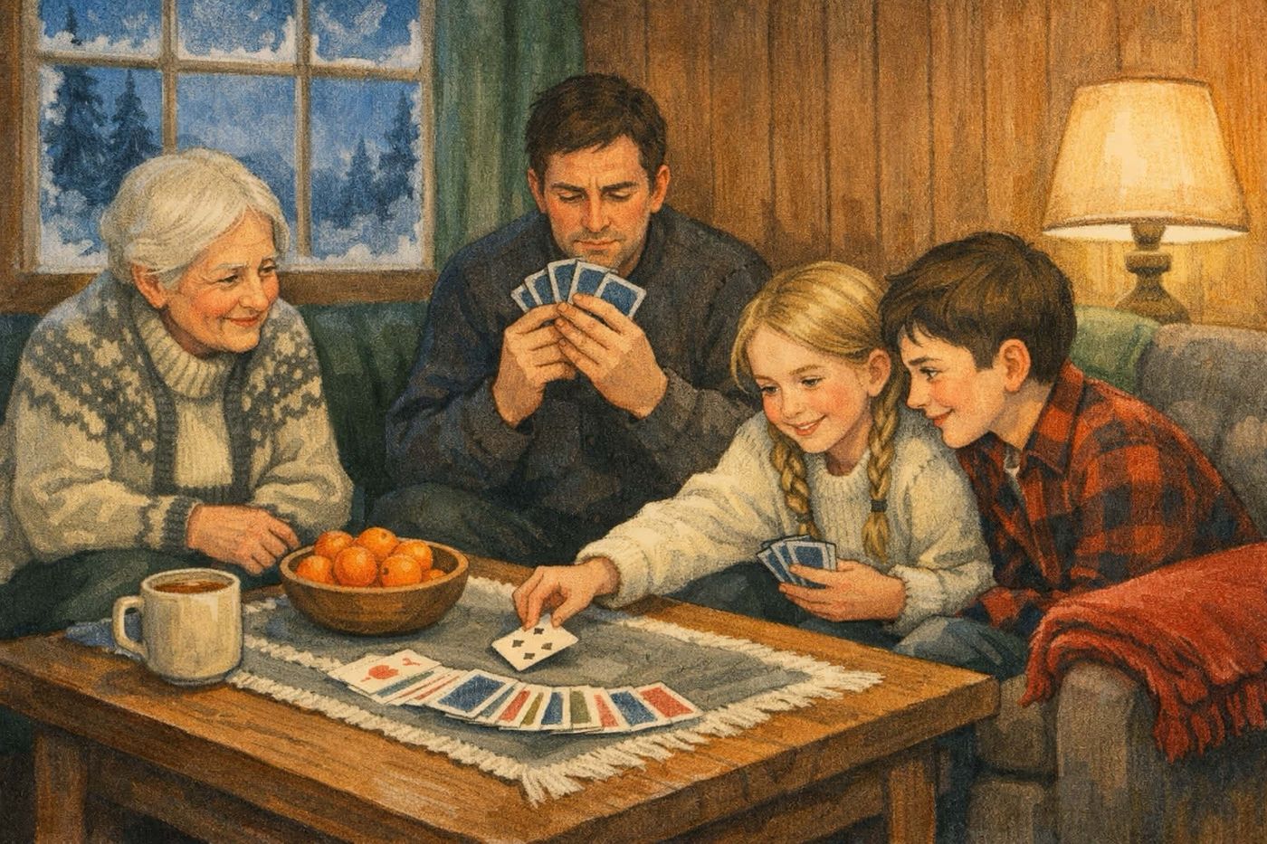 Familie spiller kort sammen