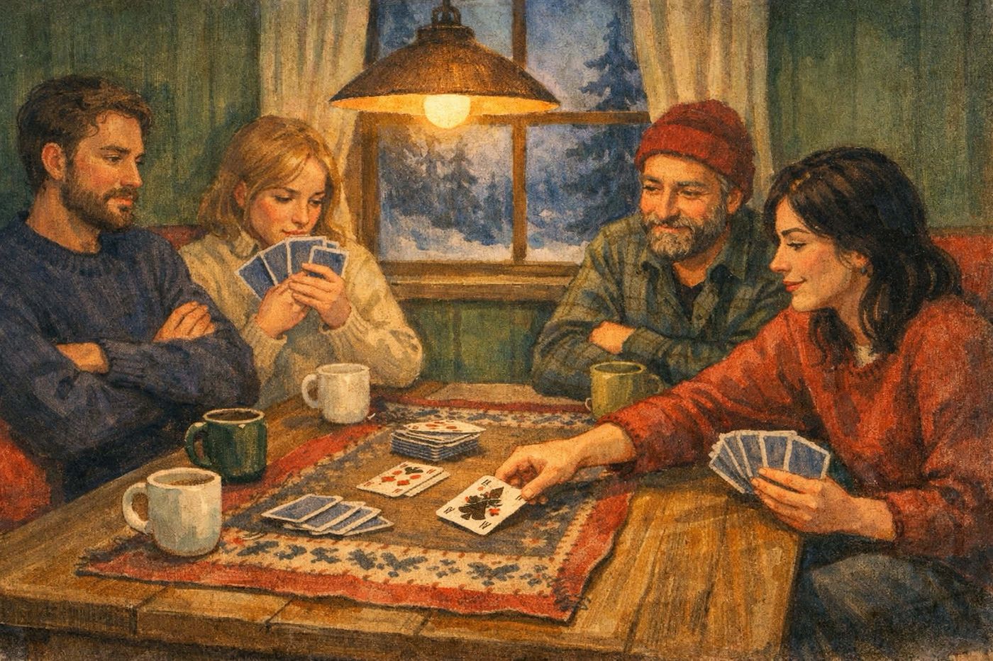 Fire personer spiller stikkspill med kort rundt et bord